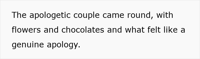 Text on a white background reads about an apologetic couple offering flowers and chocolates with a genuine apology. - 19