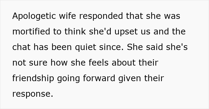 Text discussing a woman refusing to be the go-to nanny on a couples’ trip, causing tension among friends. - 25