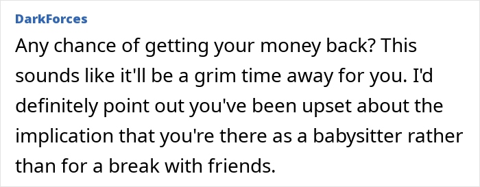 Screenshot of forum post discussing a woman refusing to be the go-to nanny on a couples trip. - 32