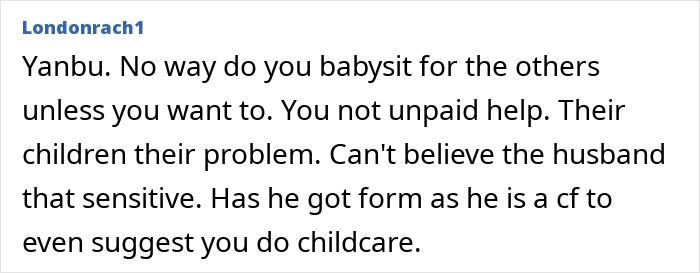 Comment about woman refusing to be the go-to nanny on a couples’ trip, emphasizing unpaid childcare responsibility. - 33