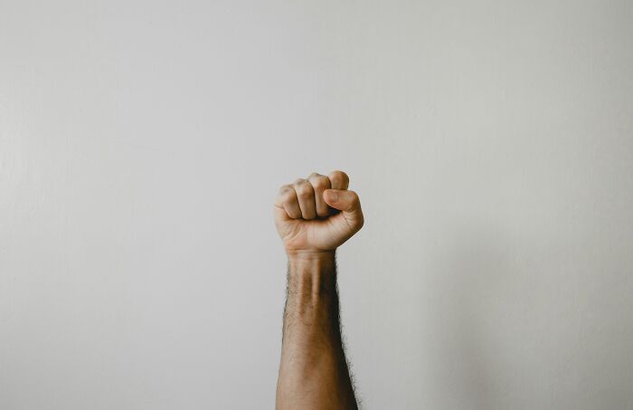 A raised human fist against a plain background symbolizing bizarre beliefs people still fall for despite myth busted by actual science. - 24