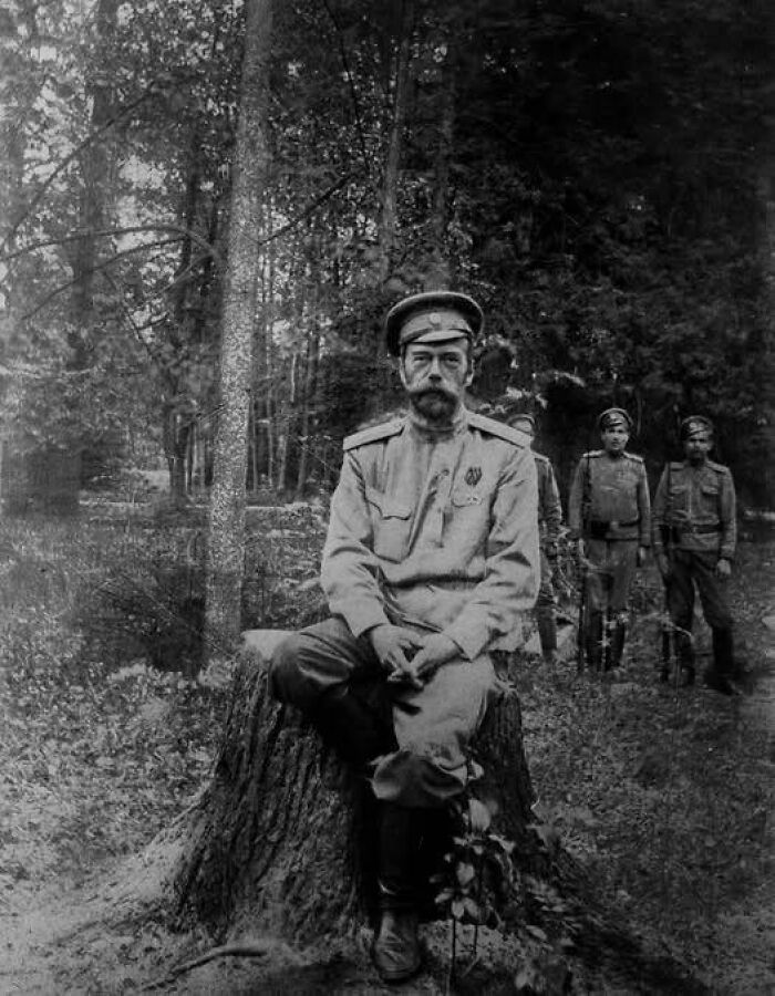 Black and white old photo of a uniformed man sitting on a tree stump with soldiers standing behind in a forest.