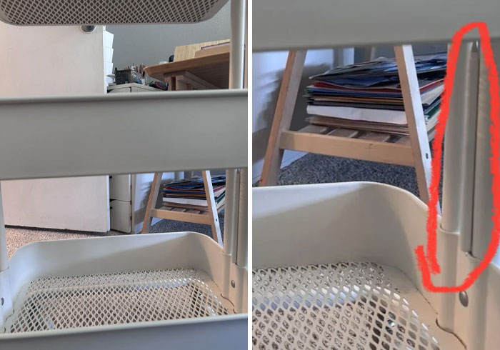Metal chair with a broken armrest circled in red, showing a clueless partner's mishap in a home setting.