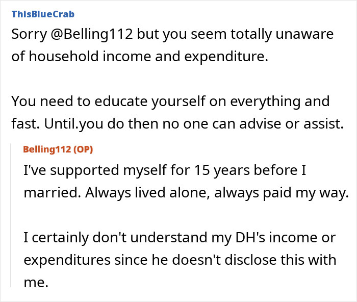 Online discussion where a mom faces money issues and her husband tells her to budget household income and expenses. Online discussion where a mom faces money issues and her husband tells her to budget household income and expenses.