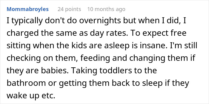 Comment explaining nanny fees for overnight work, detailing responsibilities like feeding, changing, and soothing toddlers. - 17