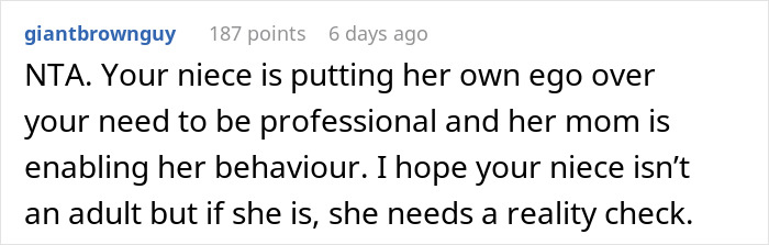 Screenshot of an online comment discussing a woman refusing to wear her niece&rsquo;s handmade dress for a career event.