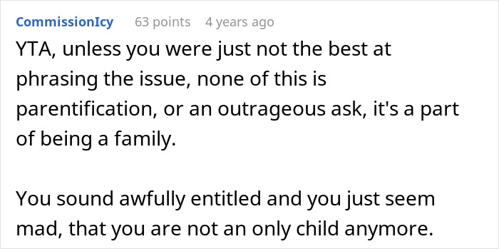 Commenter responding to a teen refusing to be live-in babysitter, discussing parentification and family responsibilities. - 32