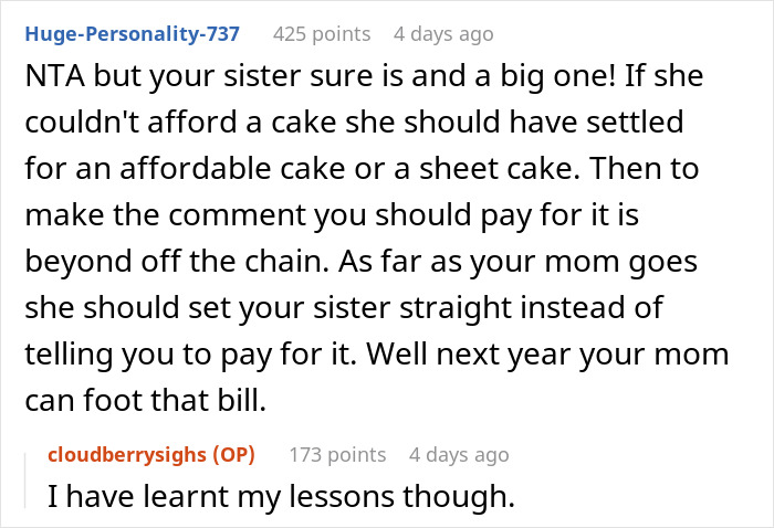 Screenshot of an online discussion about a sister insisting aunt with no kids should pay for cake causing party drama. - 15