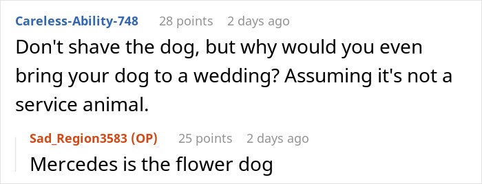 Screenshot of a conversation about a woman bending over backward for the bride's wishes and shaving her dog. - 16