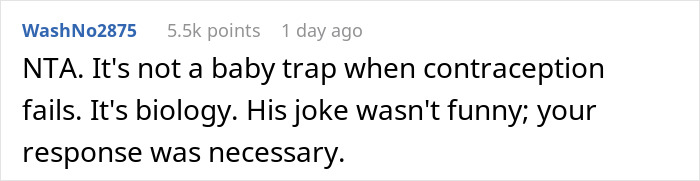 Comment on husband jokes about wife baby trap, explaining contraception failure and response necessity in a social discussion.