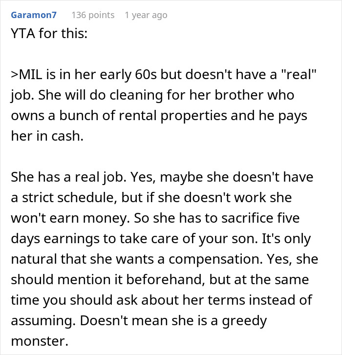 User comment discussing MIL refusing to pay for babysitting toddler, emphasizing fair compensation and understanding terms.