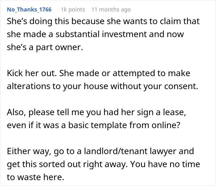 Comment discussing woman dealing with contractors quoting home remodel jobs and roommate plotting changes without consent