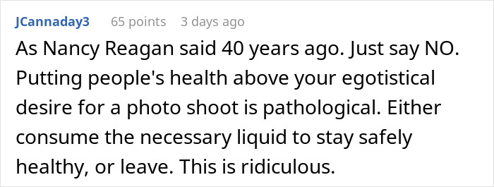 User comment criticizing bride for banning water bottles at a wedding in 102°F heat, risking guests' health and safety. User comment criticizing bride for banning water bottles at a wedding in 102°F heat, risking guests' health and safety.