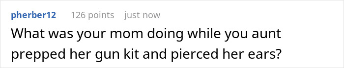 Comment about mom reacting after aunt sneaks in unlicensed ear piercing with gold studs during baby visit.