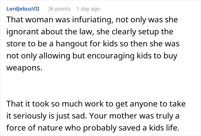 Alt text: Reddit comment criticizing a gaming store selling swords to kids, highlighting a mother closing the store for safety reasons. - 40