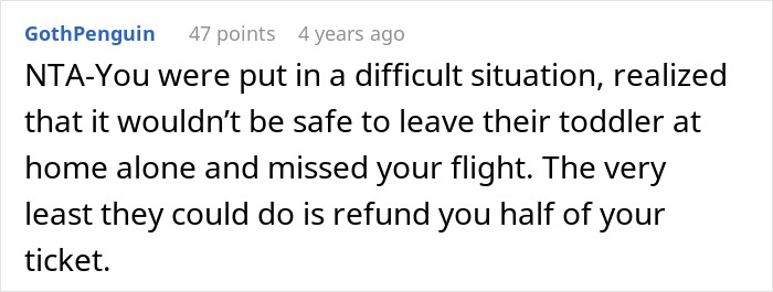 Text from a Reddit comment discussing a woman missing her flight while babysitting niece and asking parents for compensation. - 16