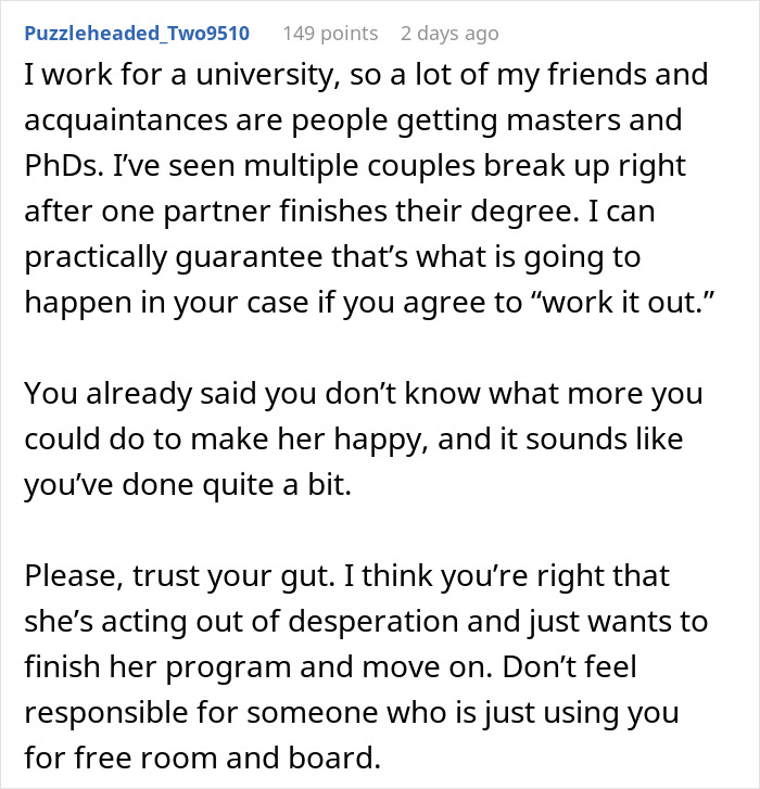 Comment discussing a breakup where ex staying affects her school plans and advice about moving out after a breakup. - 28