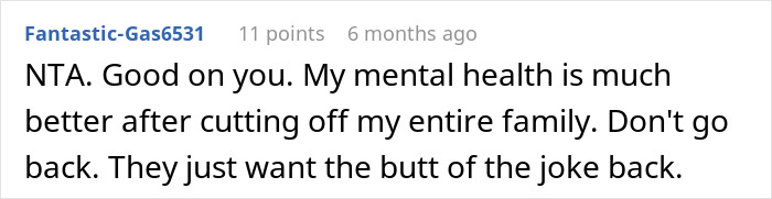 Comment discussing improved mental health after cutting contact with family following a family stages fake legal notice prank. Comment discussing improved mental health after cutting contact with family following a family stages fake legal notice prank.