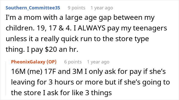 Screenshot of a Reddit conversation about a mom discussing paying her teenager for babysitting and store runs.