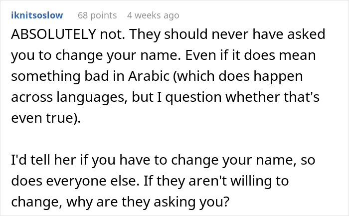 Screenshot of online comment opposing name change request, discussing borderline racism and offensive coworker concerns. Screenshot of online comment opposing name change request, discussing borderline racism and offensive coworker concerns.