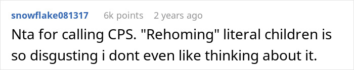 Reddit comment about a mom of 6 trying to dump two adopted kids on her ex during divorce, leading to CPS involvement.