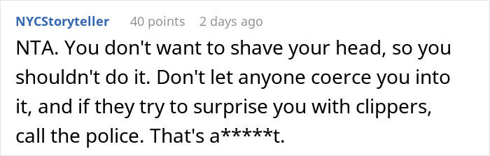 Comment discussing a 17-year-old refusing to shave his head in family support for a 7-year-old with cancer.