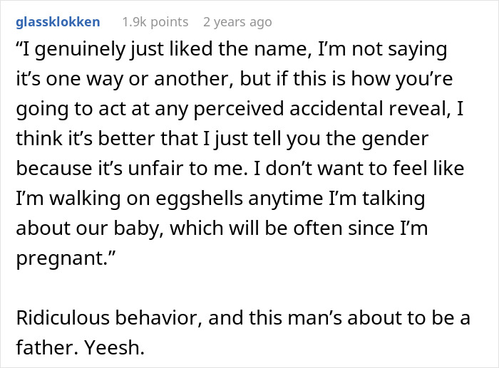 Comment discussing husband throwing a fit over wife possibly spoiling the gender of their baby during pregnancy.