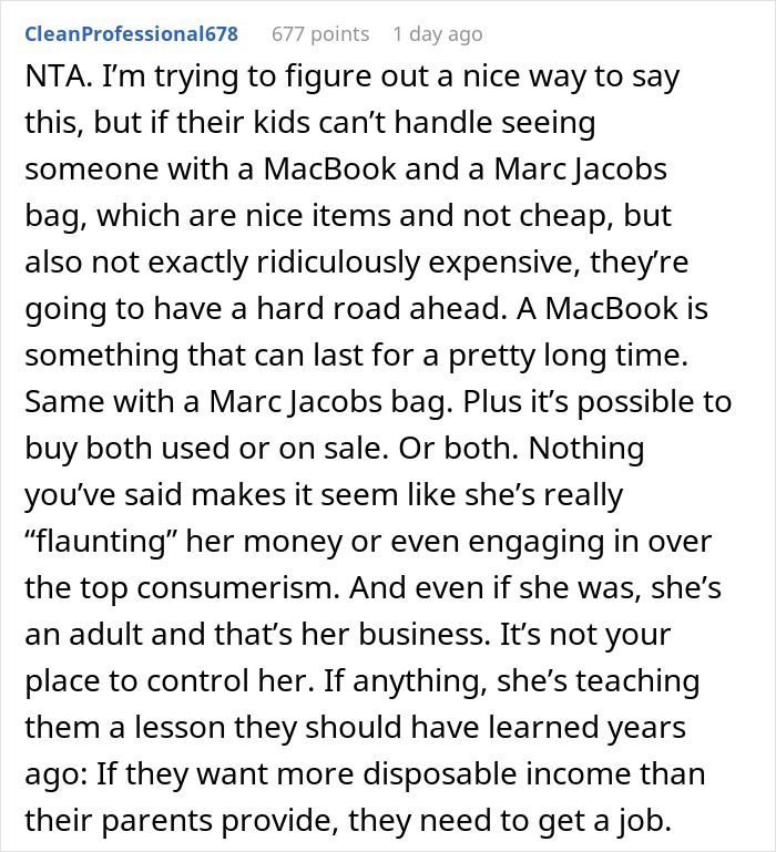 Comment discussing a 21-year-old spending hard-earned money on family vacation causing jealousy among cousins.