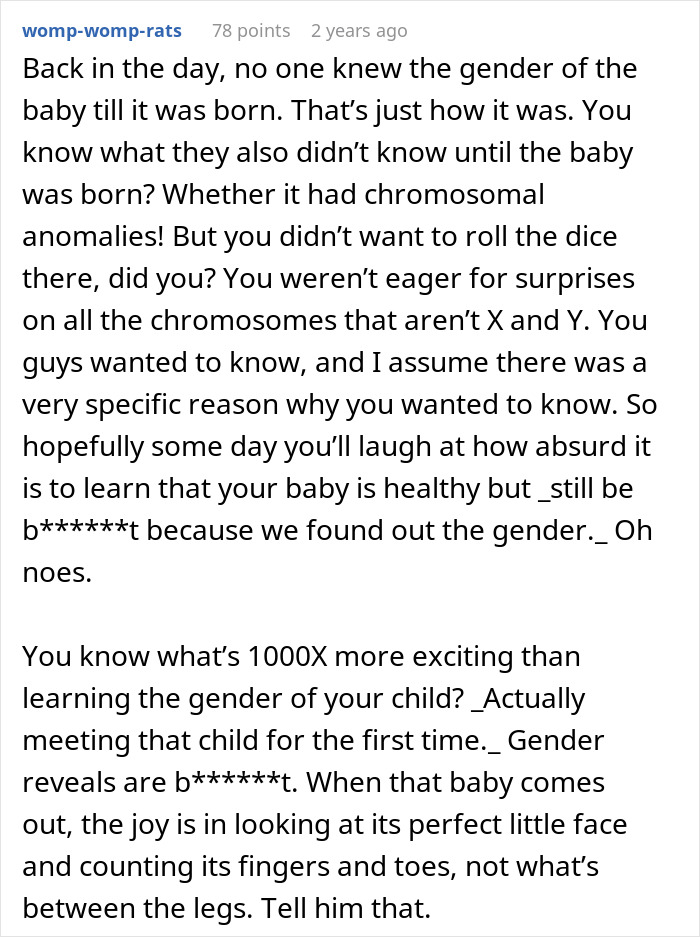 Text post sharing opinions about husband&rsquo;s reaction to wife possibly spoiling baby gender reveal, discussing excitement.