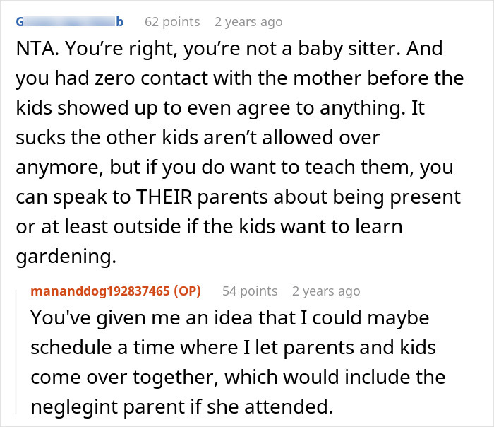 Reddit comments discussing a man banning children from his property due to an entitled parent’s behavior. - 20