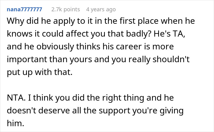 Screenshot of a Reddit comment discussing asking husband to turn down dream job due to career and relationship concerns. - 26