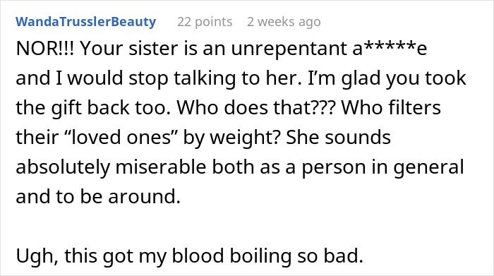 Screenshot of a social media comment criticizing the bride for placing plus-size guests at a special weight watchers table. Screenshot of a social media comment criticizing the bride for placing plus-size guests at a special weight watchers table.