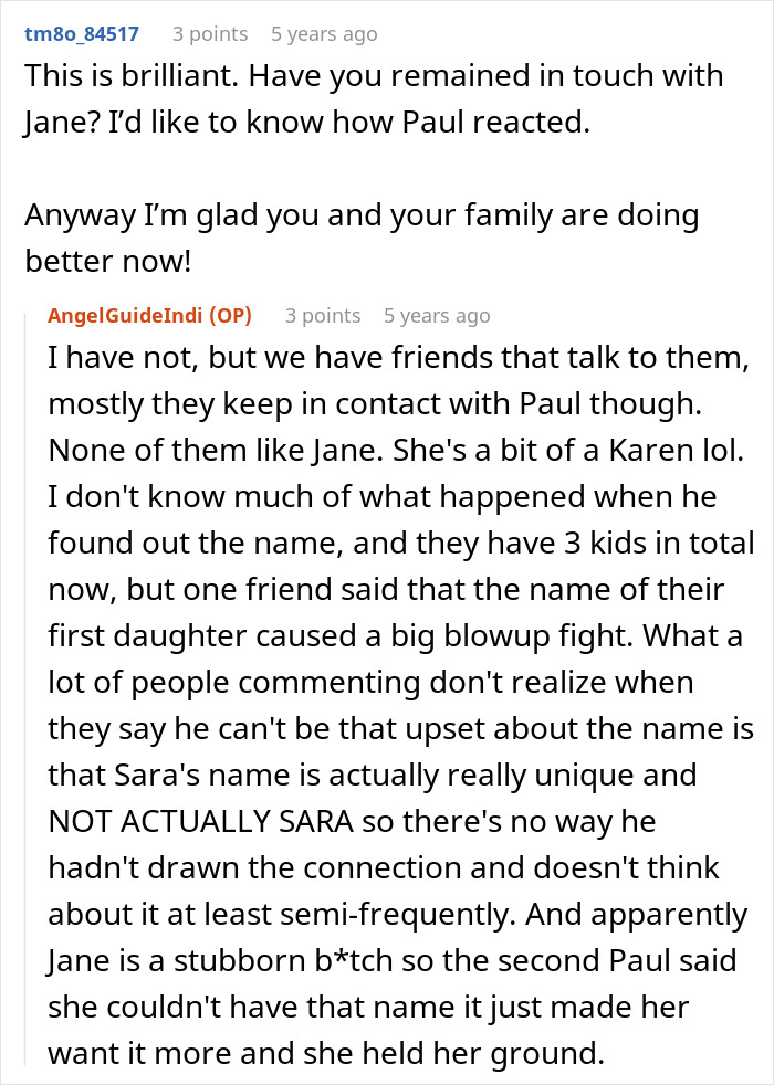 Reddit conversation about a lady getting revenge on sister's bad ex by convincing his wife to unknowingly name their baby after her. - 44