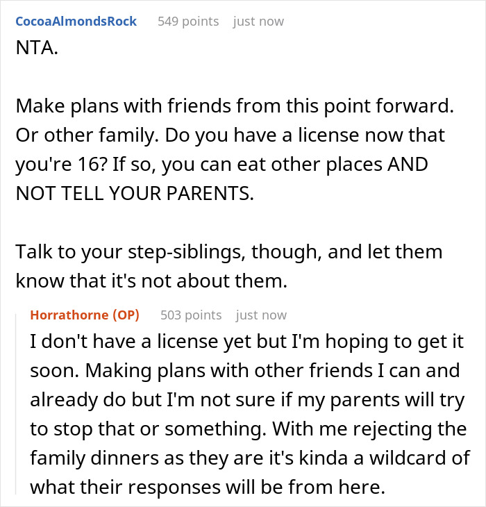 Screenshot of a discussion about parents ignoring a teen&rsquo;s birthday wishes due to stepkids&rsquo; allergies and boring food complaints.