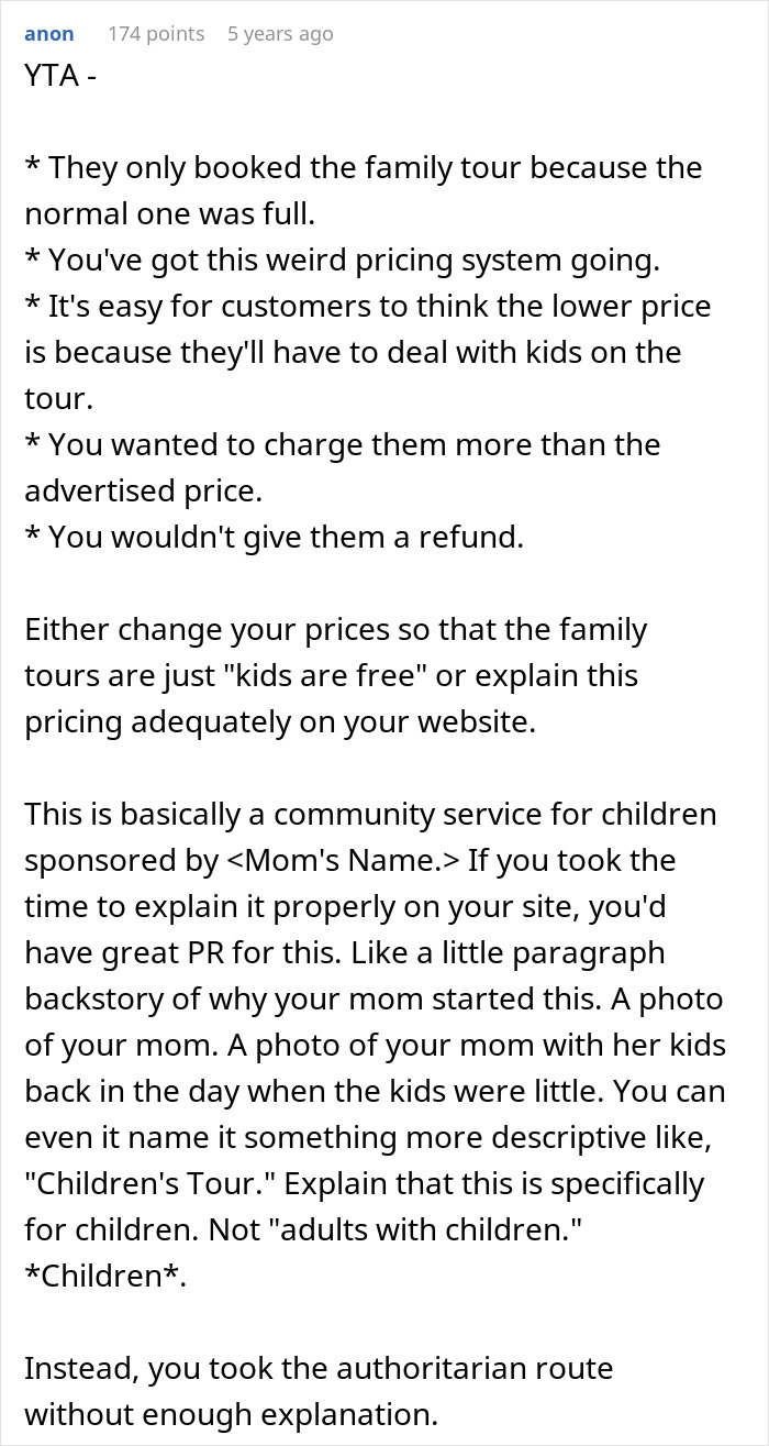 Screenshot of a detailed online review criticizing a tour company over family tour pricing and childfree couple rejection. - 34