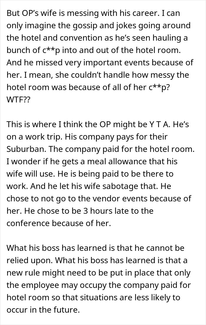 Text discussing a husband's work trip issues caused by his wife’s weird quirk that made traveling difficult and impacted his career. - 21