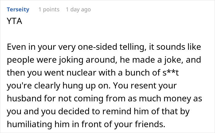 Comment discussing a husband joking with his wife about being trapped by their baby in front of friends and her harsh response.