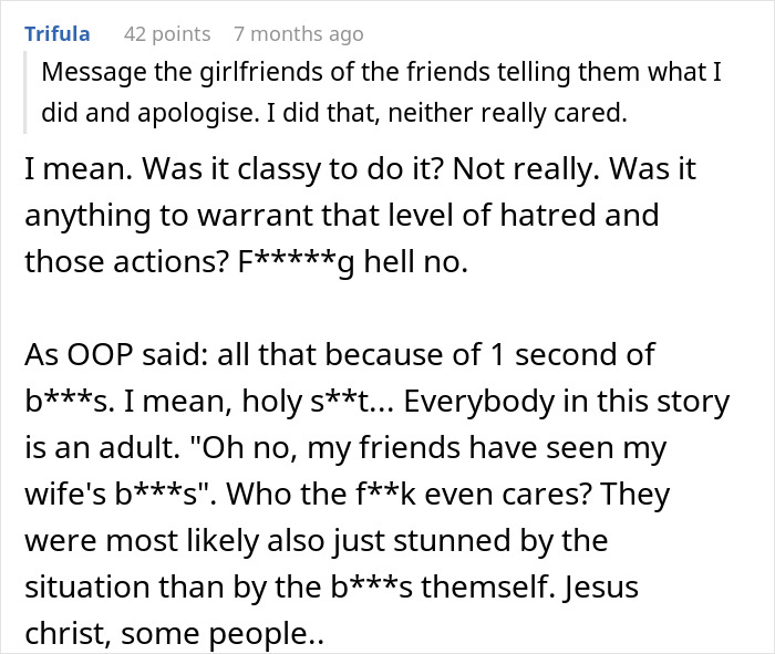 Text post discussing a drunk wife flashing husband's friends, resulting in verbal attacks and physical violence reaction. - 43