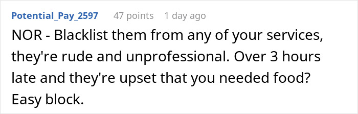 Comment about Doordash service being rude and unprofessional, over 3 hours late causing frustration while babysitting. Comment about Doordash service being rude and unprofessional, over 3 hours late causing frustration while babysitting.