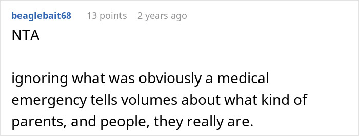 Comment highlighting a medical emergency and judgment on parents, relevant to family blacklisted local babysitters concerns.