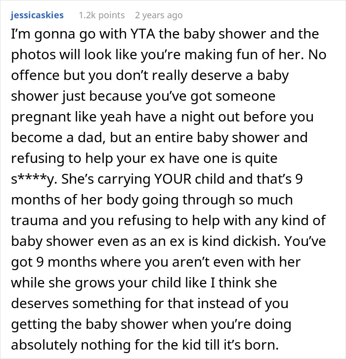 Comment criticizing man’s baby shower with friends, accusing him of mocking pregnant ex’s experience. - 16
