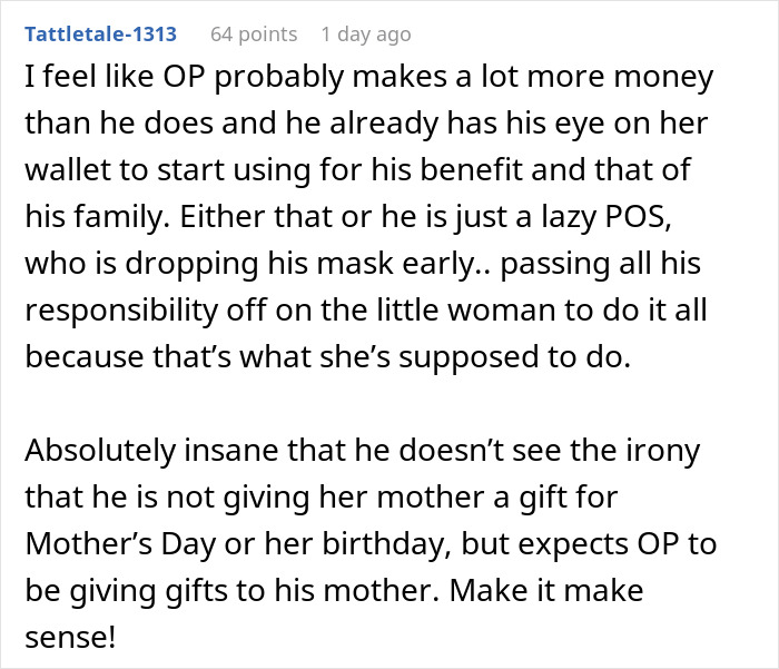 Comment discussing a man expecting his girlfriend to get his mom a Mother's Day gift after 8 months of dating. - 19
