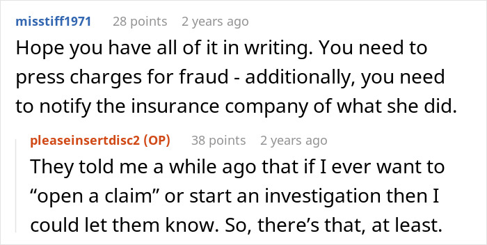 Screenshot of a Reddit conversation discussing pressing fraud charges and filing an insurance claim after embezzlement exposure.