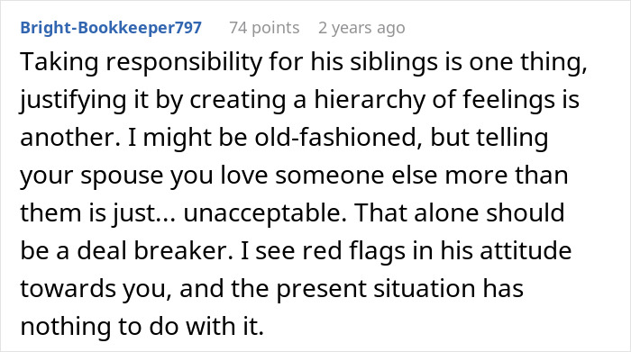 Comment discussing husband&rsquo;s sudden decision to move in disabled siblings causing wife to question marriage and red flags.