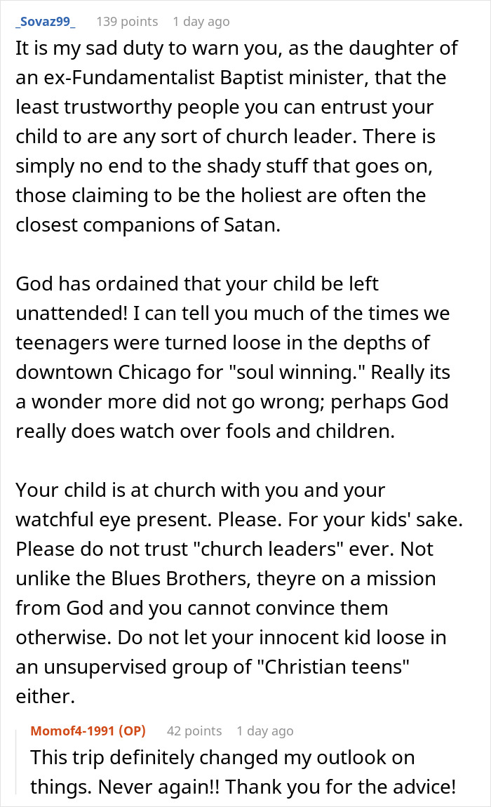 Comment discussing distrust in church leaders and warning about unsupervised children at church camp Houston gatherings.