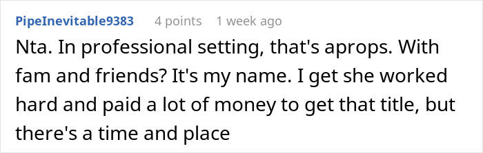 Comment about aunt with PhD expecting family to always call her doctor in casual and professional settings. - 48