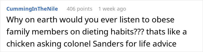 Text post showing a user commenting on dieting habits of obese family members with a humorous analogy.