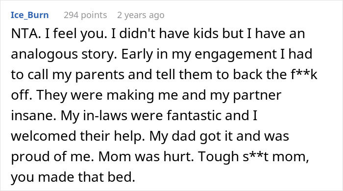 Screenshot of a Reddit comment sharing a story about being overprotective and accepting in-laws' help with baby care.