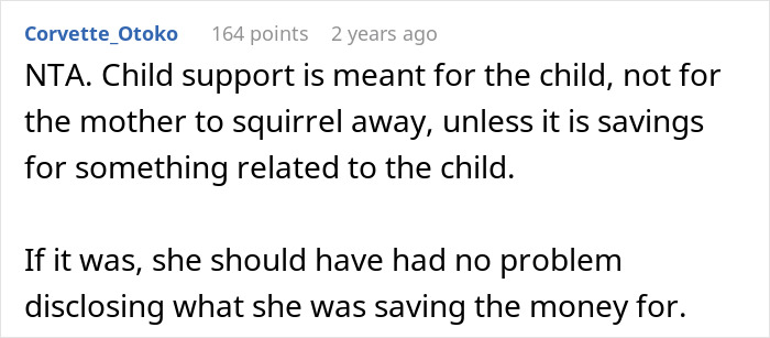 Comment discussing how child support is meant for the child’s needs, not for the mother’s personal savings. - 28