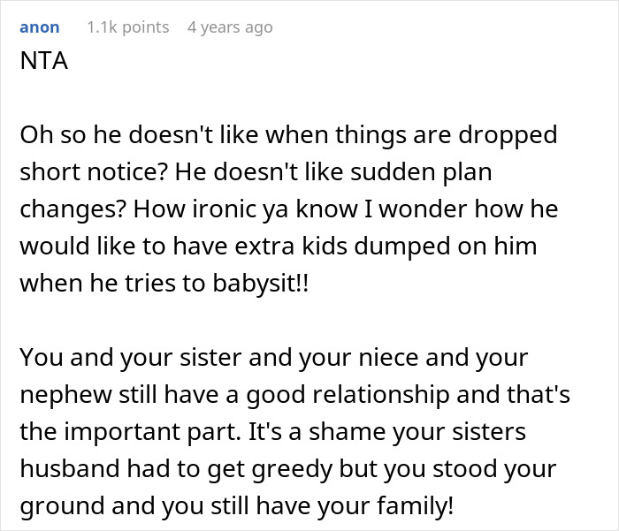 Comment discussing a woman quitting babysitting after her brother-in-law shows up with unfamiliar kids expecting free care. - 19